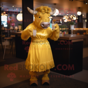 Gold Bison mascot costume character dressed with a Cocktail Dress and Anklets