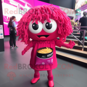 Magenta Ramen mascot costume character dressed with a Mini Skirt and Smartwatches
