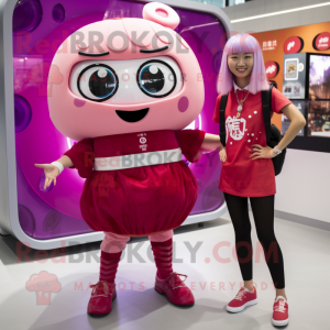 Magenta Ramen mascot costume character dressed with a Mini Skirt and Smartwatches