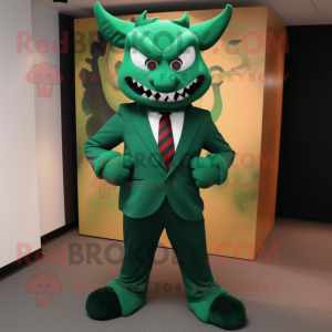 Forest Green Devil mascot costume character dressed with a Suit Pants and Ties