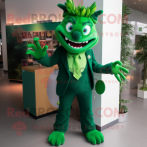 Forest Green Devil mascot costume character dressed with a Suit Pants and Ties