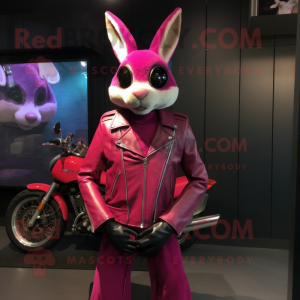 Magenta Wild Rabbit mascot costume character dressed with a Moto Jacket and Clutch bags