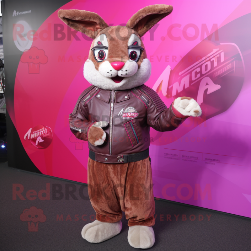 Magenta Wild Rabbit mascot costume character dressed with a Moto Jacket and Clutch bags