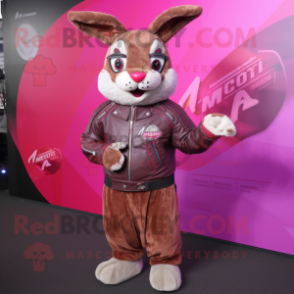 Magenta Wild Rabbit mascot costume character dressed with a Moto Jacket and Clutch bags