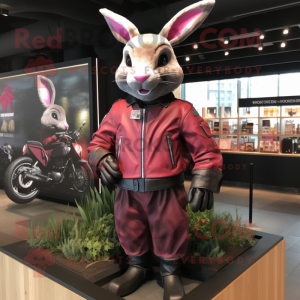 Magenta Wild Rabbit mascot costume character dressed with a Moto Jacket and Clutch bags