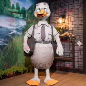 Gray Goose mascot costume character dressed with a Dress Shirt and Suspenders