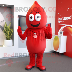 Red Mango mascot costume character dressed with a Trousers and Beanies