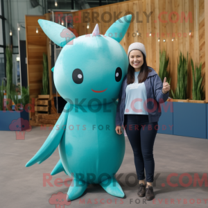 Teal Narwhal mascot costume...