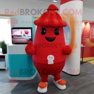Red Mango mascot costume character dressed with a Trousers and Beanies