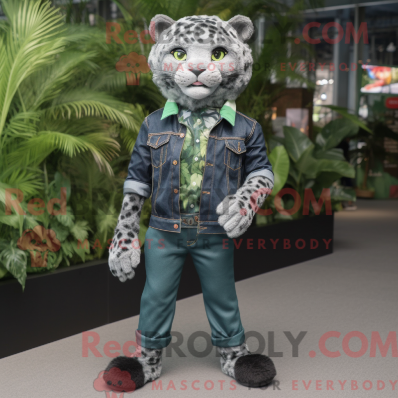 Waldgrüner Leoparden-Maskottchen-Kostümcharakter mit Jeanshemd und Clutch - Waldtiere - REBROKO_354889 - RedBrokoly.com