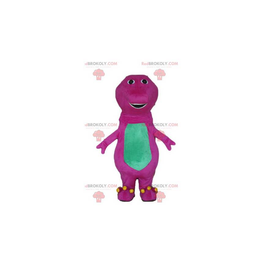Grande mascote gigante de dinossauro rosa e verde -