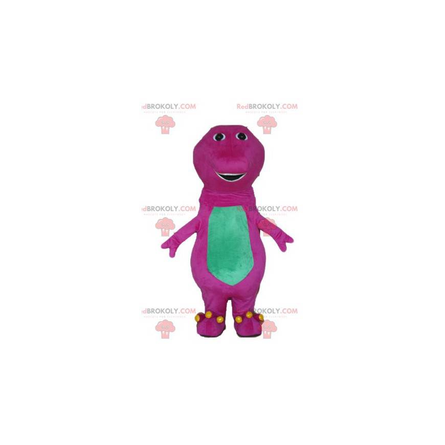 Grote gigantische roze en groene dinosaurusmascotte -