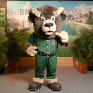 Forest Green Buffalo mascot costume character dressed with a Baseball Tee and Shoe clips