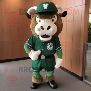 Forest Green Buffalo mascot costume character dressed with a Baseball Tee and Shoe clips