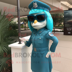 Teal Air Force Soldier mascot costume character dressed with a Pencil Skirt and Sunglasses