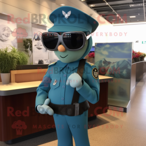Teal Air Force Soldier mascot costume character dressed with a Pencil Skirt and Sunglasses