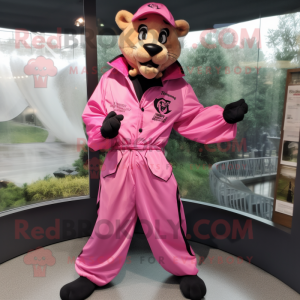 Pink Panther mascot costume character dressed with a Windbreaker and Belts