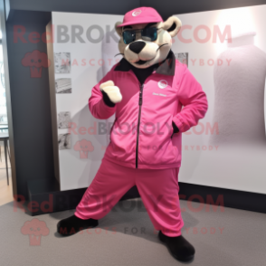 Pink Panther mascot costume character dressed with a Windbreaker and Belts