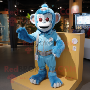 Sky Blue Monkey mascot costume character dressed with a Dungarees and Keychains