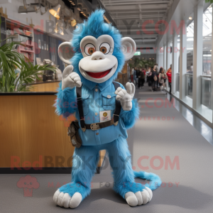 Sky Blue Monkey mascot costume character dressed with a Dungarees and Keychains
