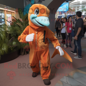 Rust Dolphin mascot costume character dressed with a Jumpsuit and Anklets