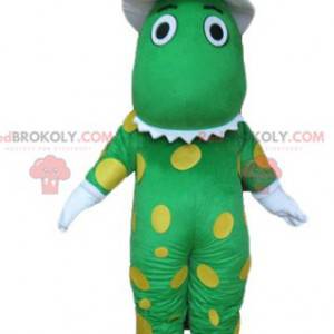 Green crocodile dinosaur mascot with yellow dots -