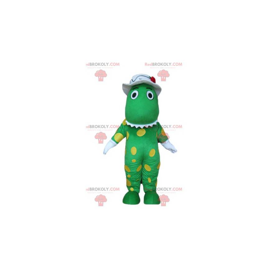 Green crocodile dinosaur mascot with yellow dots -