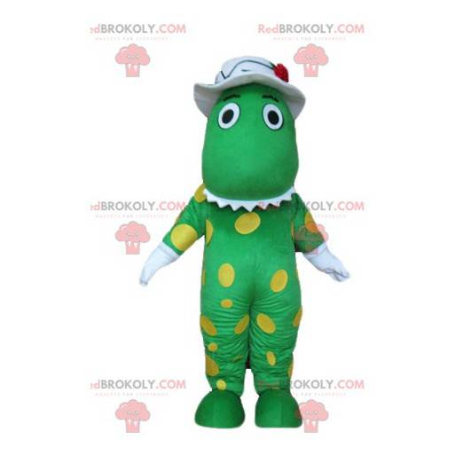 Mascote crocodilo-dinossauro verde com pontos amarelos -