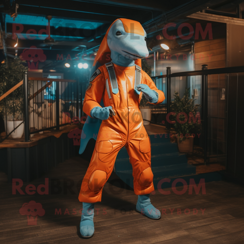 Rust Dolphin mascot costume character dressed with a Jumpsuit and Anklets Rust Dolphin mascot costume character dressed with a Jumpsuit and Anklets