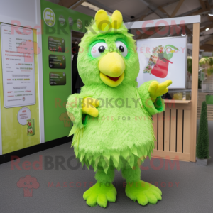 Lime Green Hens mascot costume character dressed with a Romper and Earrings