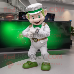 White Leprechaun mascot costume character dressed with a Chinos and Smartwatches