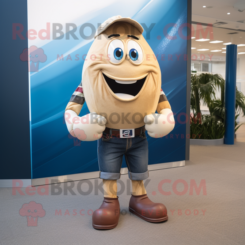 Tan Rugby Ball mascot costume character dressed with a Boyfriend Jeans and Tie pins Tan Rugby Ball mascot costume character dressed with a Boyfriend Jeans and Tie pins