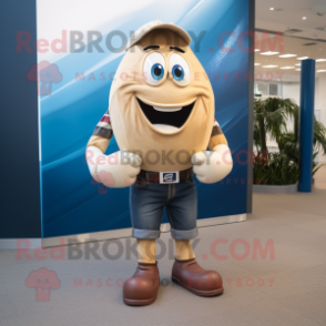 Tan Rugby Ball mascot costume character dressed with a Boyfriend Jeans and Tie pins