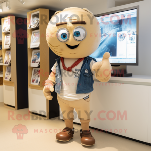 Tan Rugby Ball mascot costume character dressed with a Boyfriend Jeans and Tie pins