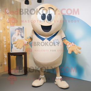 Tan Rugby Ball mascot costume character dressed with a Boyfriend Jeans and Tie pins