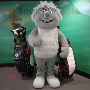 Gray Golf Bag mascot costume character dressed with a Cardigan and Mittens