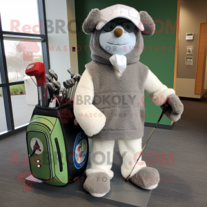 Gray Golf Bag mascot costume character dressed with a Cardigan and Mittens