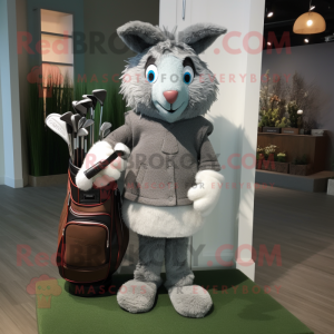 Gray Golf Bag mascot costume character dressed with a Cardigan and Mittens