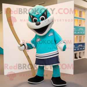 Teal Ice Hockey Stick mascot costume character dressed with a Board Shorts and Lapel pins