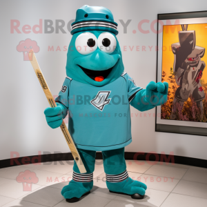 Teal Ice Hockey Stick mascot costume character dressed with a Board Shorts and Lapel pins