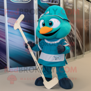 Teal Ice Hockey Stick mascot costume character dressed with a Board Shorts and Lapel pins