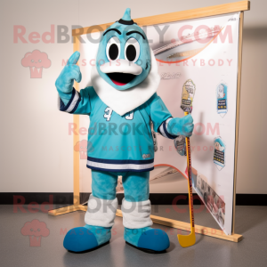 Teal Ice Hockey Stick mascot costume character dressed with a Board Shorts and Lapel pins