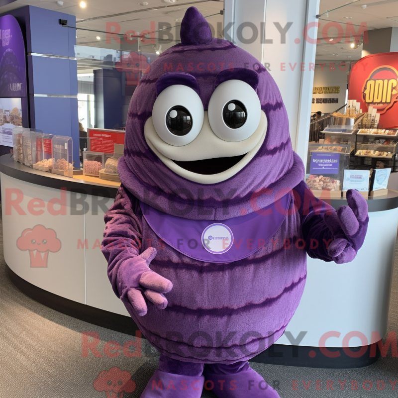 Fantasia de mascote Chaudrée de mariscos roxa com macacão e pulseiras - Mascotes de Clam Chowder - RedBrokoly.com