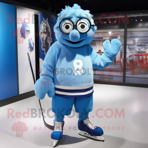 Blue Ice Hockey Stick mascot costume character dressed with a Running Shorts and Eyeglasses