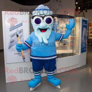 Blue Ice Hockey Stick mascot costume character dressed with a Running Shorts and Eyeglasses