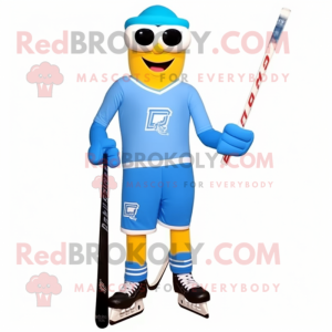 Blue Ice Hockey Stick mascot costume character dressed with a Running Shorts and Eyeglasses