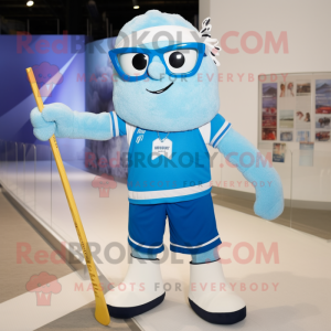 Blue Ice Hockey Stick mascot costume character dressed with a Running Shorts and Eyeglasses