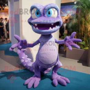Lavender Hydra mascot costume character dressed with a Bermuda Shorts and Bracelets