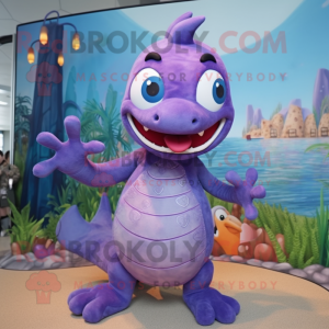 Lavender Hydra mascot costume character dressed with a Bermuda Shorts and Bracelets