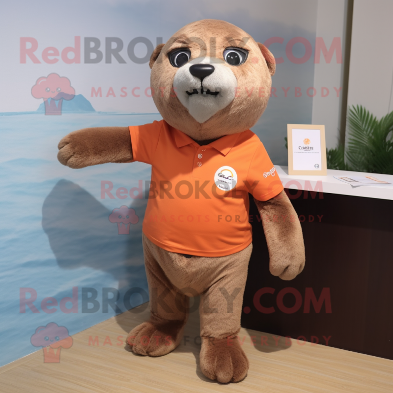 Rust Seal mascot costume character dressed with a Polo Shirt and Hair clips